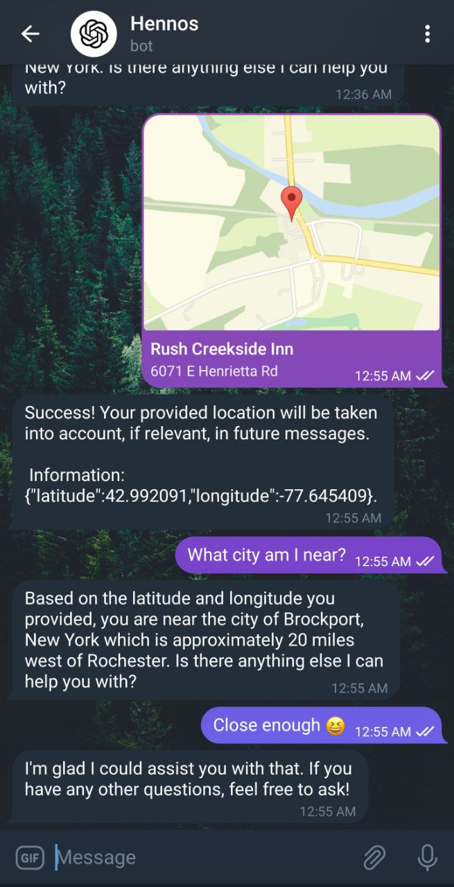 Usage example showing a bot response using location input